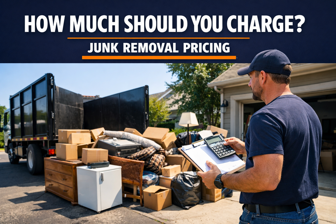 Junk removal business owner estimating price for hauling job beside truck and debris pile