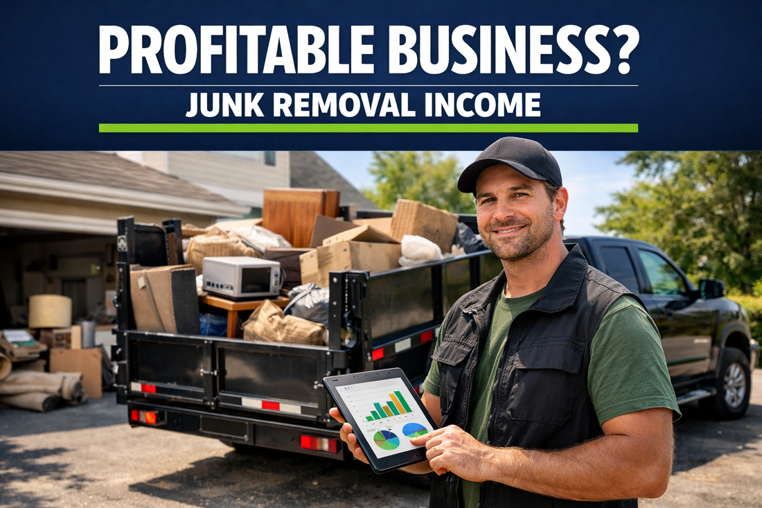 Junk removal business owner reviewing job earnings beside hauling truck after completing a residential cleanout