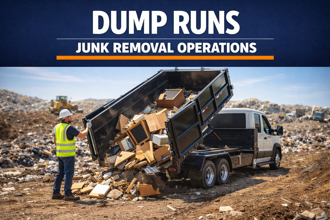 Junk removal truck unloading debris at landfill during dump run