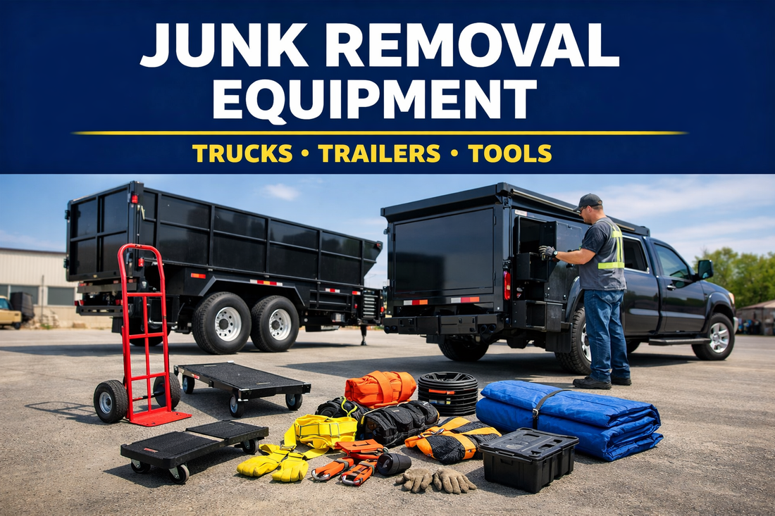 Junk removal truck and equipment including dolly straps and tools used for hauling debris