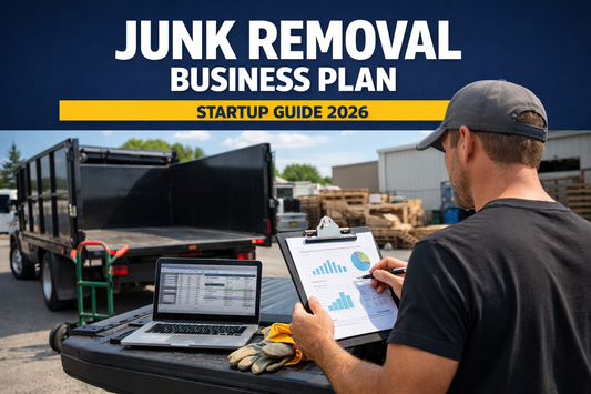 junk removal business owner reviewing startup business plan beside hauling truck and equipment