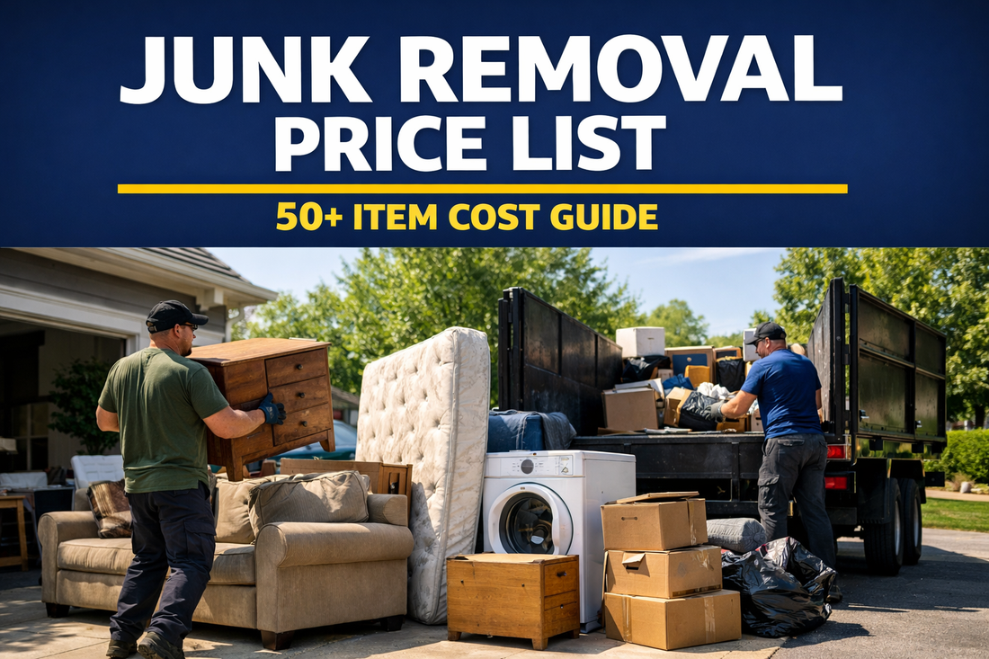 junk removal truck loading furniture and appliances during residential cleanout job