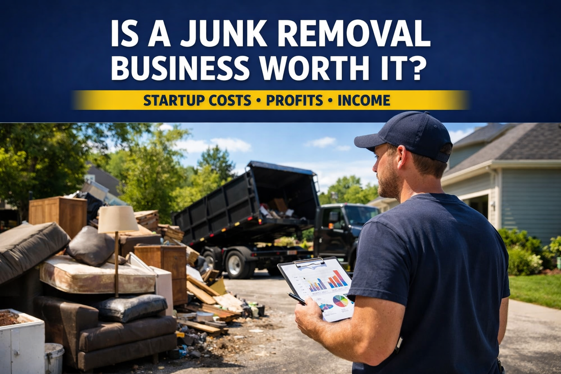 junk removal business owner reviewing startup costs beside hauling truck and equipment