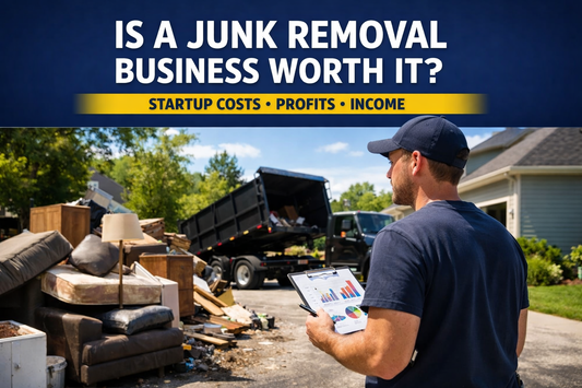 junk removal business owner reviewing startup costs beside hauling truck and equipment