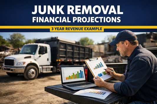 junk removal business owner reviewing financial projections beside hauling truck and trailer