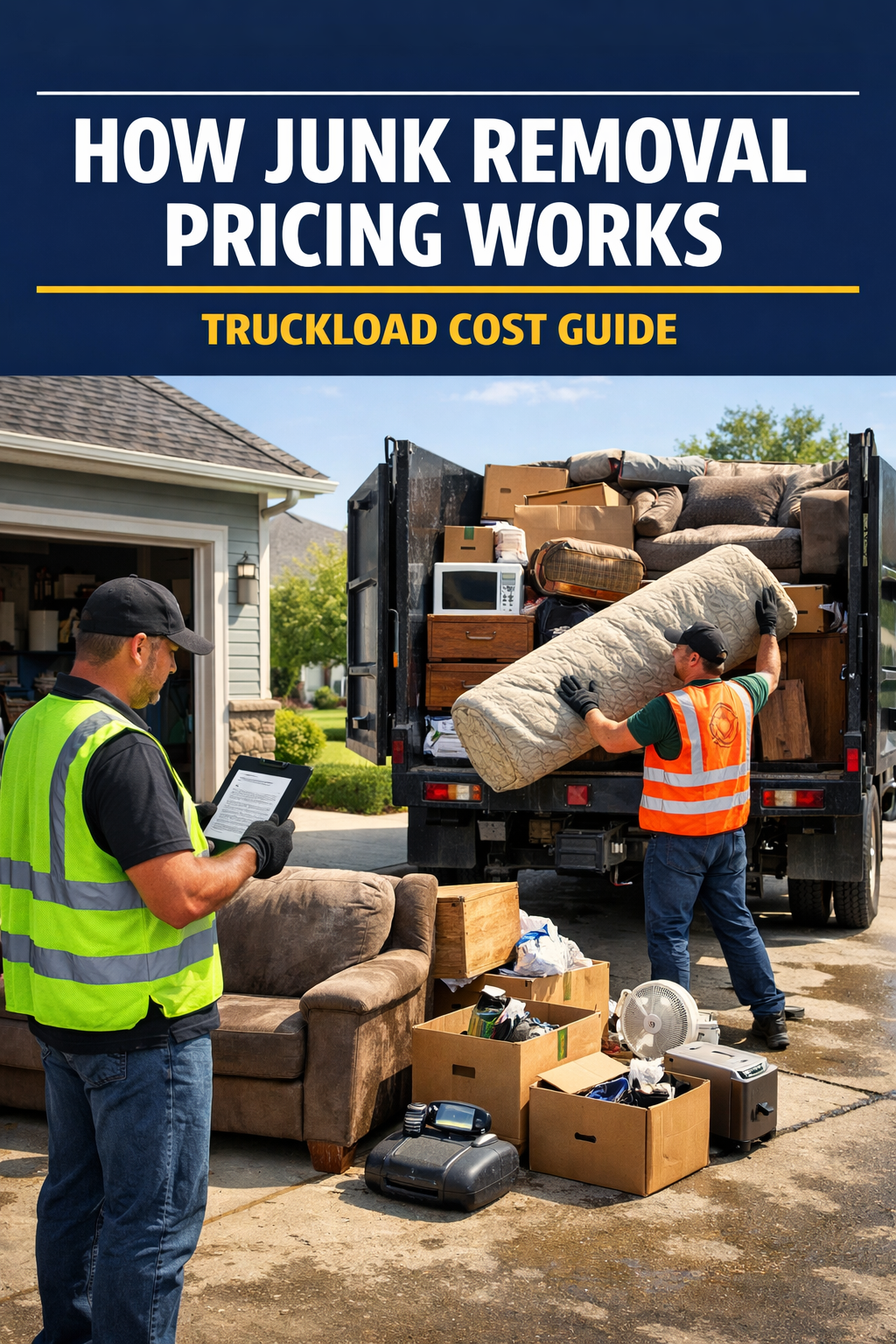 Junk removal crew loading furniture and household debris into a dump truck while reviewing a truckload pricing estimate during a residential cleanup job.