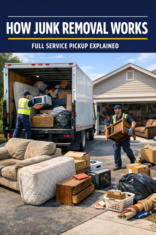 How Junk Removal Works – full service junk removal crew loading couch, mattress, furniture, and appliances into a box truck during a residential driveway cleanup.