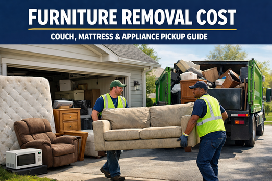 Furniture removal cost guide showing junk removal workers carrying a couch from a suburban garage to a junk removal truck, with mattress, dresser, recliner, and small appliances waiting for pickup in a residential driveway.