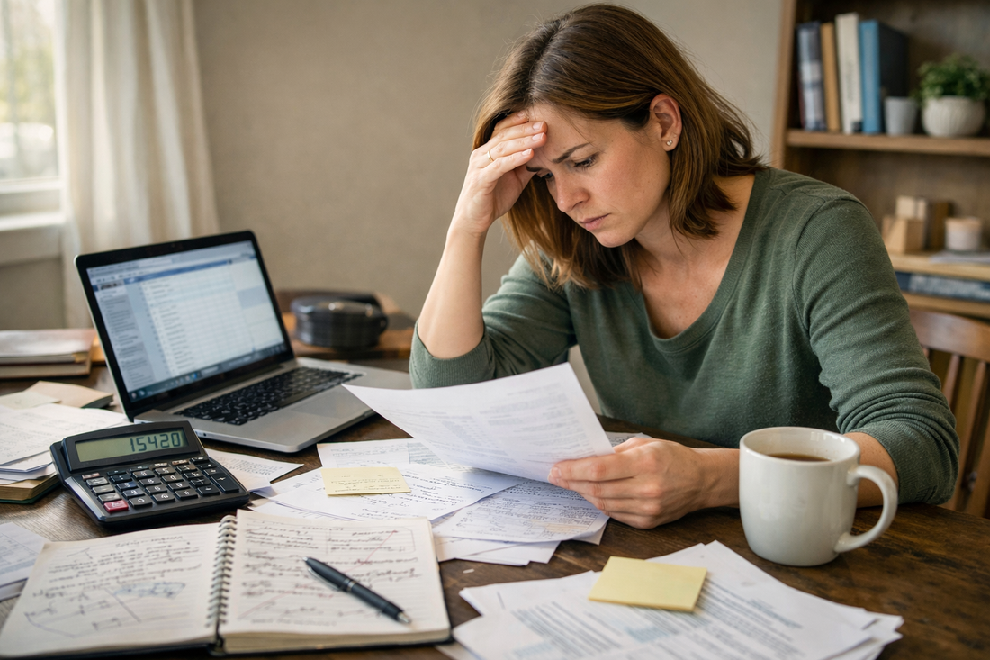 Overwhelmed entrepreneur trying to create a junk removal business plan with notes, calculator, and startup cost estimates