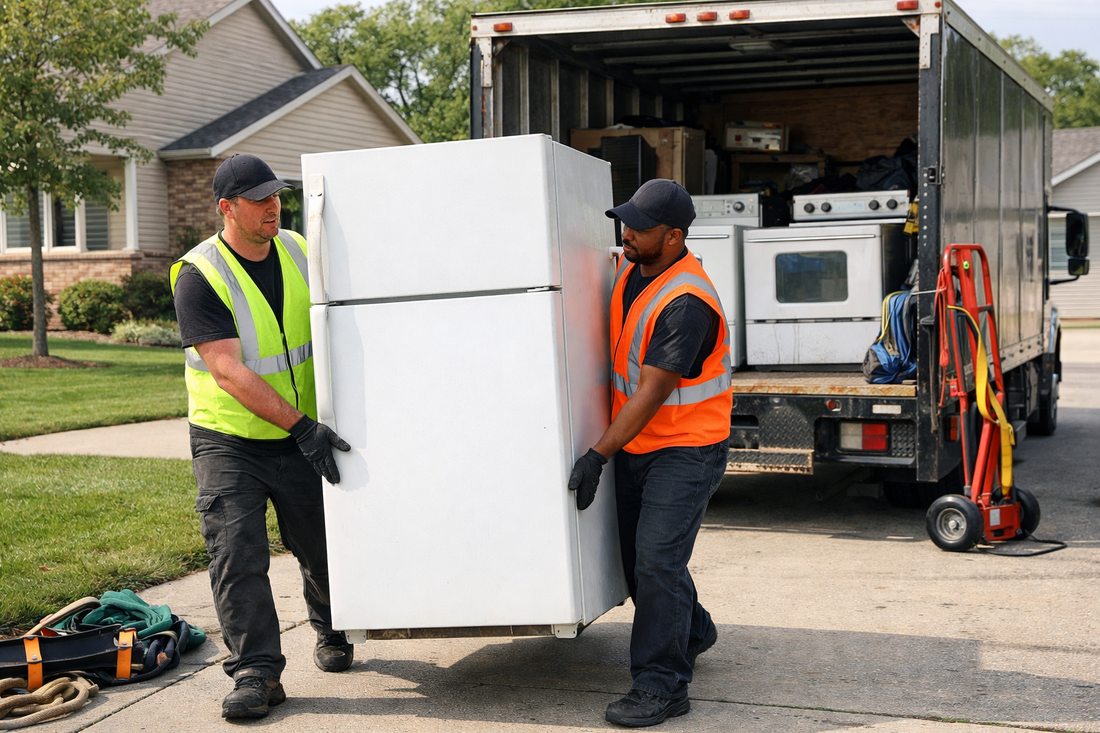junk removal crew hauling away an old refrigerator from a residential home