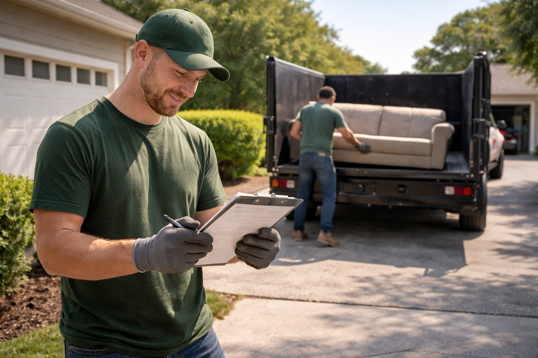 Junk removal worker loading single couch into truck while checking job estimate showing high payout