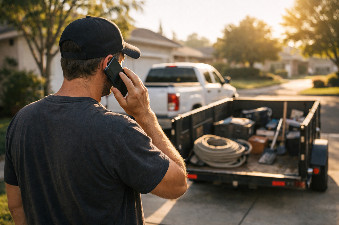 Junk removal worker finishing a fast single-item pickup job with strong profit potential in suburban driveway