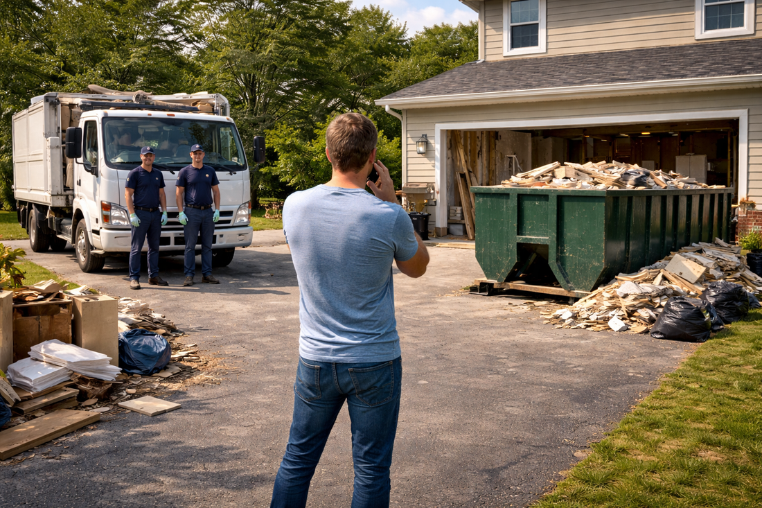 Homeowner comparing junk removal and dumpster rental options beside cluttered driveway and clean truck