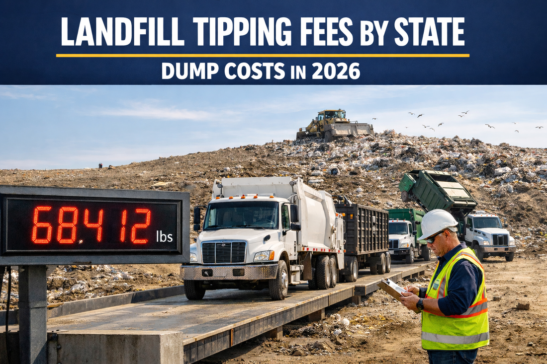 Landfill weigh station with garbage trucks on a scale displaying 68,412 lbs while a worker in a high-visibility vest reviews paperwork, illustrating landfill tipping fees and dump costs in 2026 across the United States.
