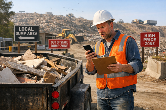 Contractor reviewing landfill tipping fees by city near a construction debris load