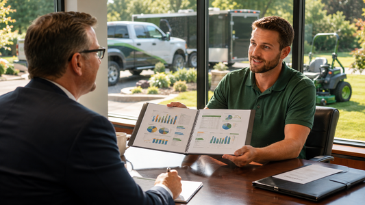 Lawn care business owner presenting a professional business plan during a commercial bank loan meeting.
