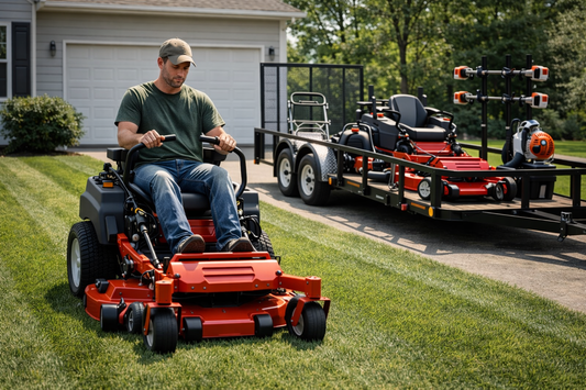 Commercial lawn care operator using professional mower with trailer and equipment visible on site