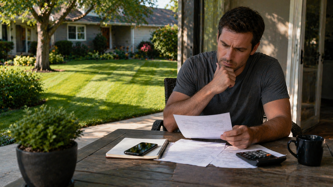 Homeowner reviewing lawn care service options with monthly, seasonal, and pay-per-service choices