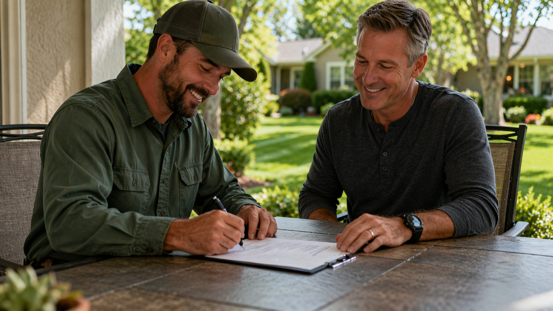 Lawn care business owner and homeowner sitting together signing a service agreement with positive interaction