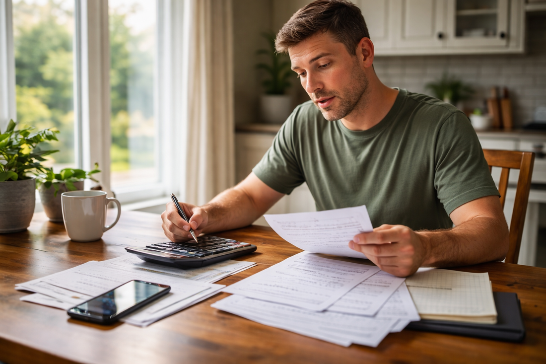 Homeowner calculating lawn care costs and reviewing monthly expenses at table