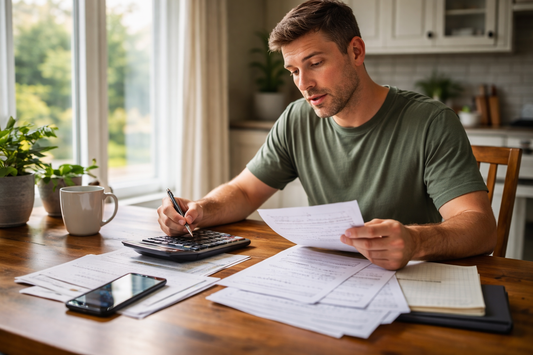Homeowner calculating lawn care costs and reviewing monthly expenses at table