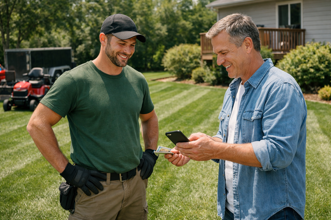 Lawn care operator standing beside freshly completed yard reviewing job earnings and pricing