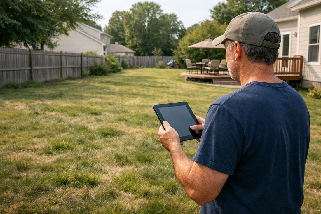 Homeowner reviewing lawn care cost estimate while looking at yard