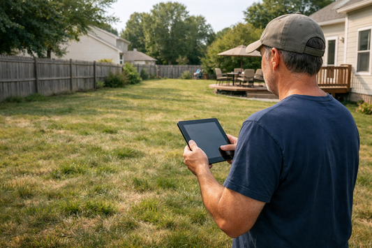 Homeowner reviewing lawn care cost estimate while looking at yard
