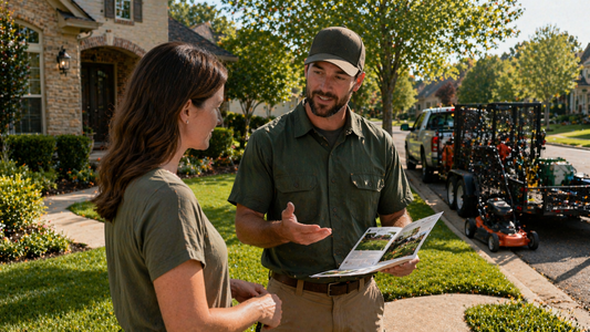 Homeowner reviewing lawn care service options while speaking with a lawn care operator