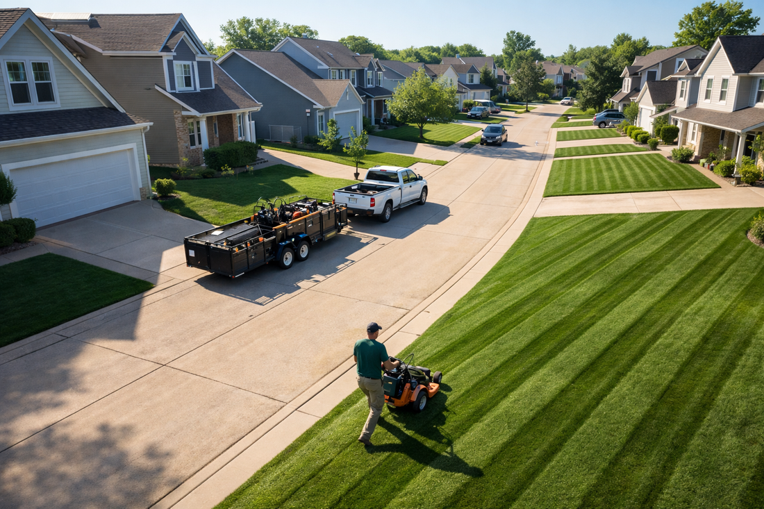 Lawn care worker mowing multiple homes in same neighborhood showing route efficiency