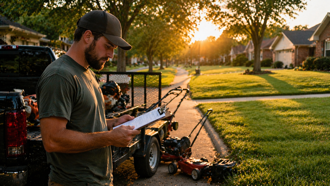 Lawn care operator reviewing job schedule and calculating income based on weekly and biweekly clients