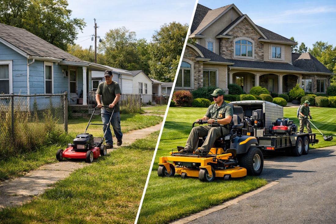 Two different residential neighborhoods showing contrast in lawn care service environments and pricing expectations