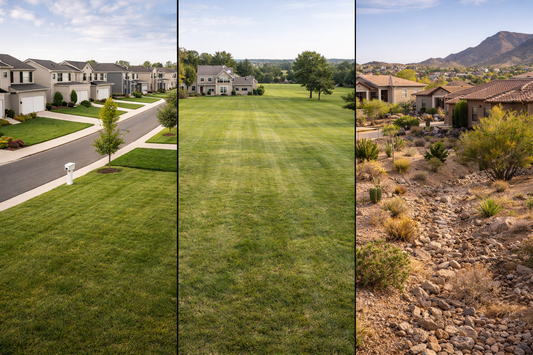 Different residential neighborhoods showing variation in lawn sizes and upkeep