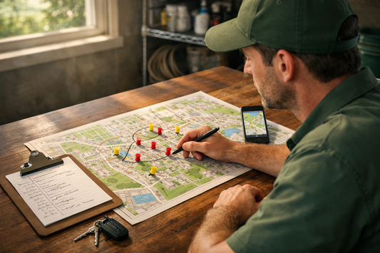 Lawn care operator planning a profitable neighborhood route with map schedule and clustered service stops