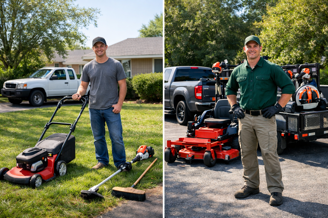 Split image showing beginner lawn care setup vs professional lawn care truck and trailer setup