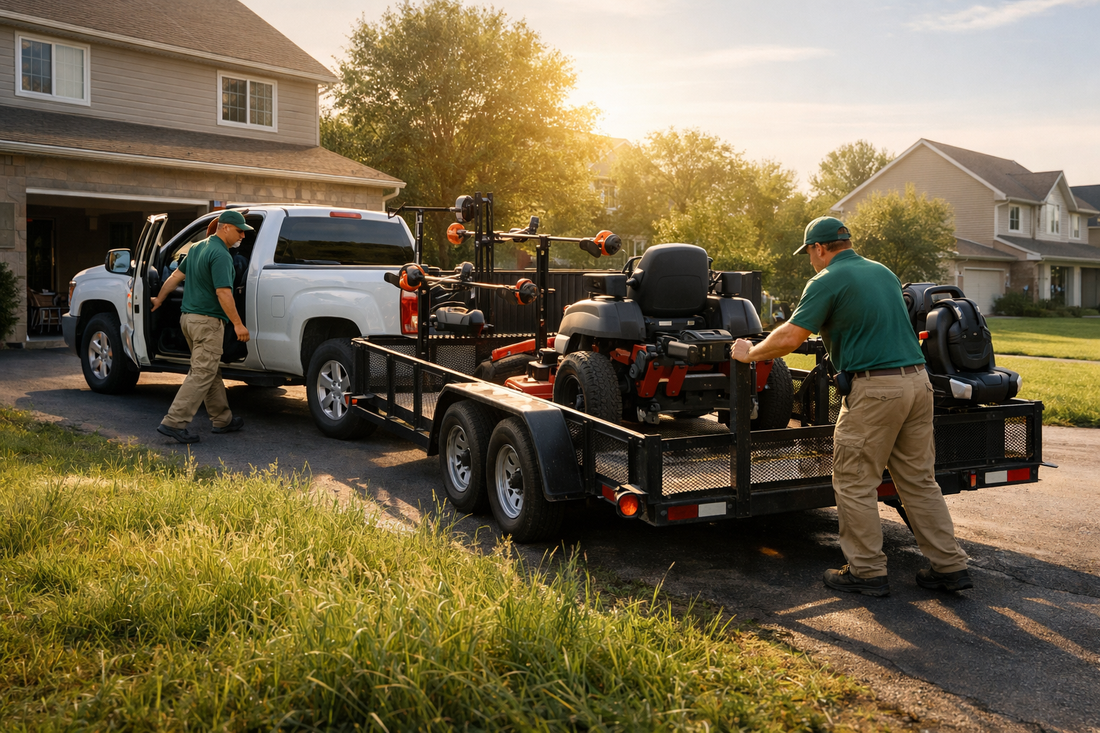 Professional lawn care crew arriving at residential home with truck and trailer preparing for service