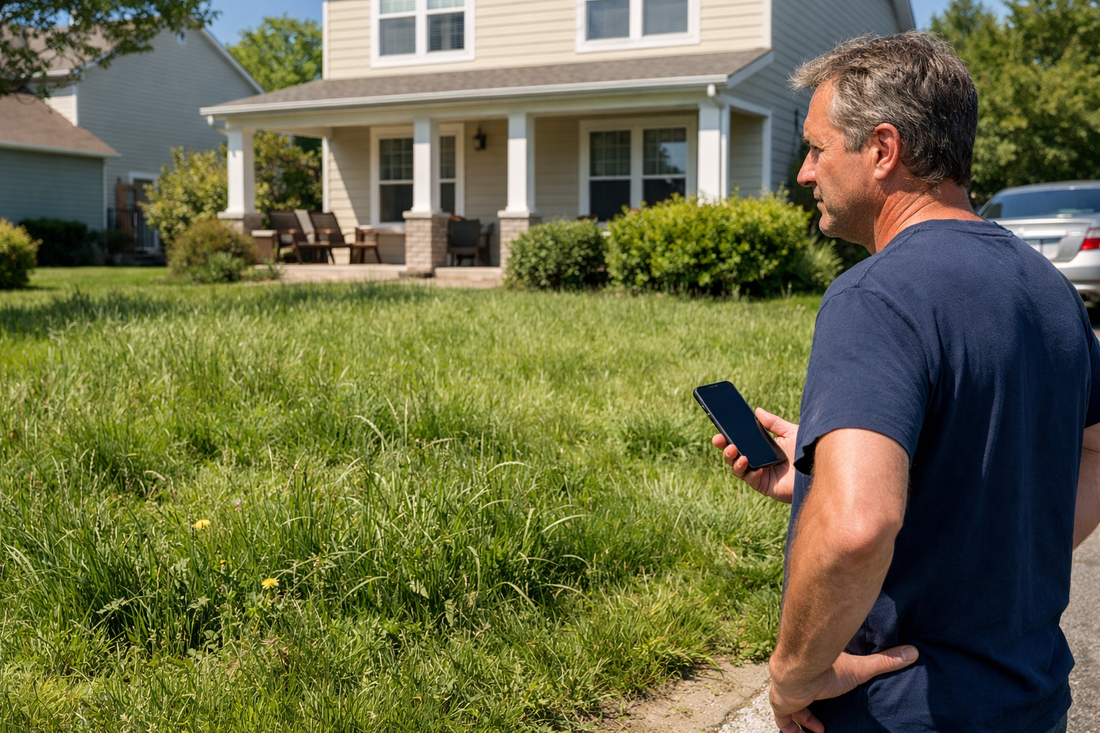 Homeowner looking at overgrown lawn while thinking about cost of mowing service