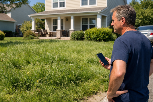 Homeowner looking at overgrown lawn while thinking about cost of mowing service