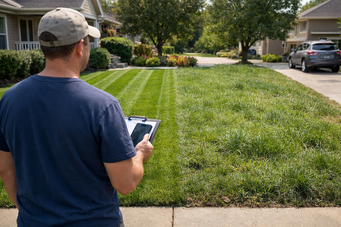 Homeowner comparing lawn care options weekly versus biweekly service pricing and outcomes