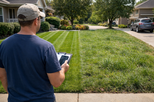 Homeowner comparing lawn care options weekly versus biweekly service pricing and outcomes