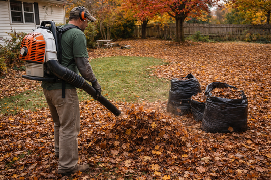 Lawn care professional blowing and bagging leaves during yard cleanup