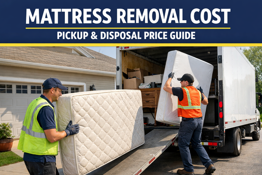 junk removal workers carrying an old mattress and box spring from a house during mattress removal service