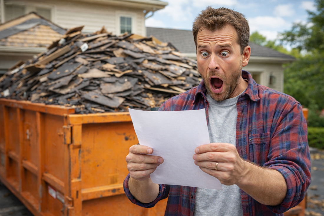 Homeowner shocked by roofing debris disposal cost while standing next to a full construction dumpster after a roof replacement