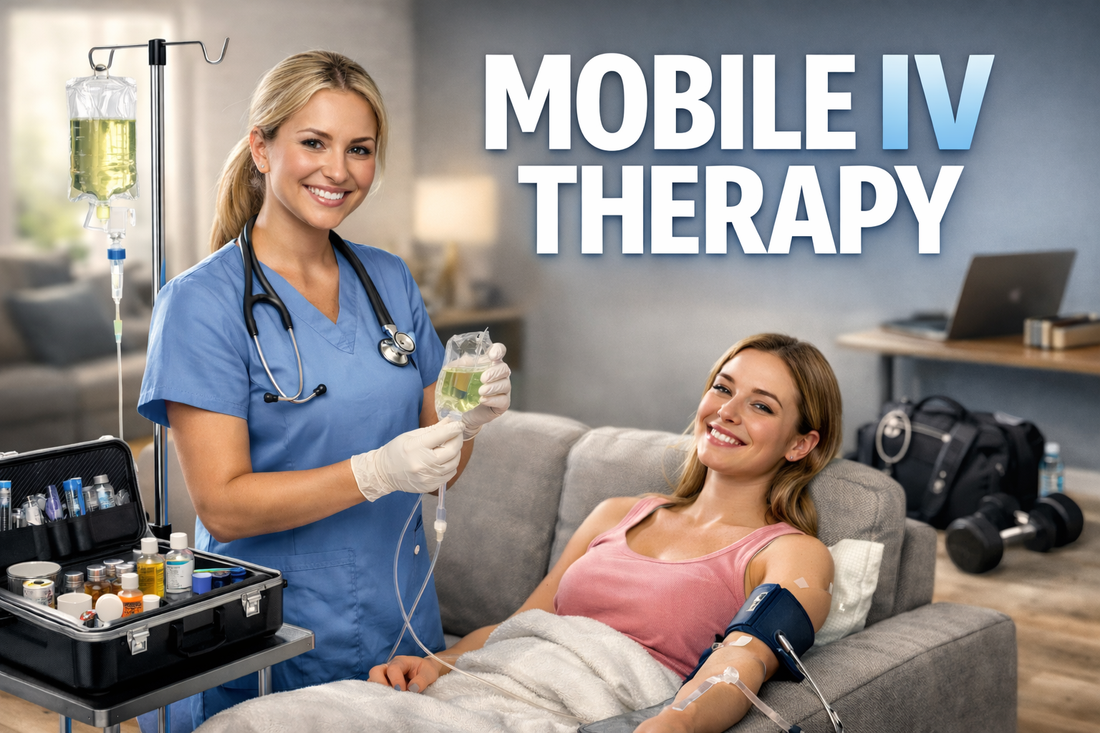 Mobile IV therapy nurse administering an IV drip to a relaxed client at home during an in-home wellness treatment.