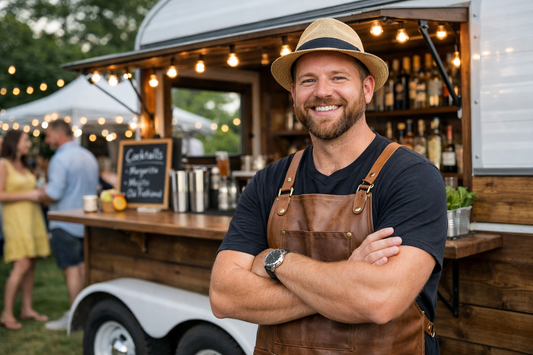 Smiling mobile bar owner standing in front of a vintage trailer bar serving drinks at an outdoor event