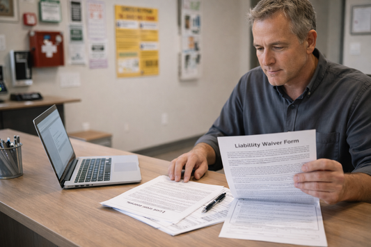 Motocross track business owner reviewing insurance paperwork and liability waiver inside organized facility office