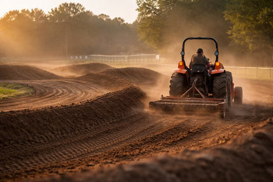 Early morning motocross track grooming with tractor reshaping berms at professionally managed facility