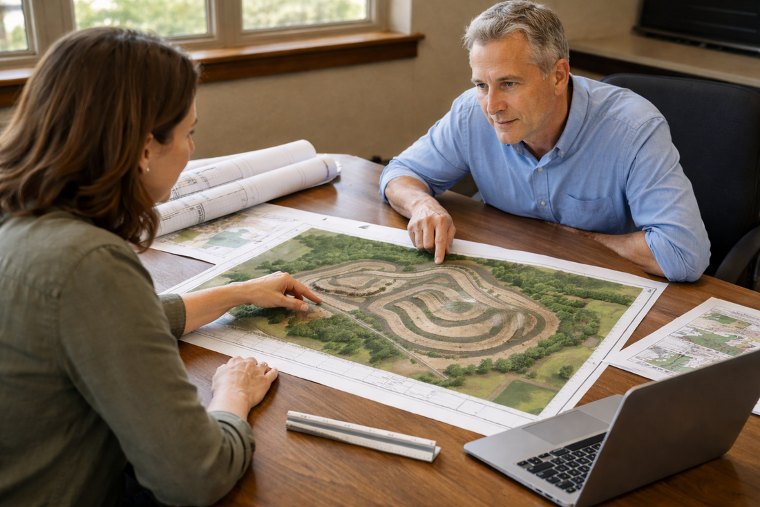 Two business professionals reviewing motocross track site plans and zoning documents at a rural county planning office meeting