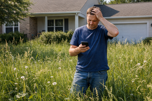 Homeowner standing in front of heavily overgrown lawn looking overwhelmed