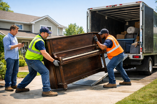 Piano removal crew hauling upright piano into junk removal truck outside suburban home